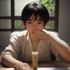 编辑林檎的卡通头像，长头发戴着发带，桌上放着咖啡与笔，表情认真又放松
